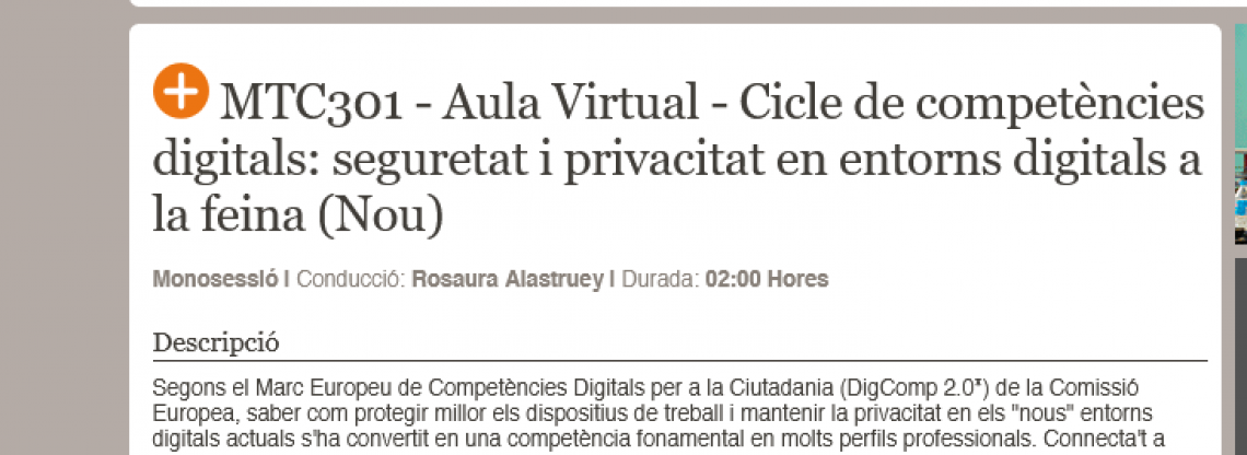 MTC301 - Aula Virtual - Cicle de competències digitals: seguretat i privacitat en entorns digitals a la feina