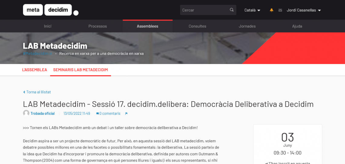 LAB Metadecidim - Sessió 17. decidim.delibera: Democràcia Deliberativa a Decidim